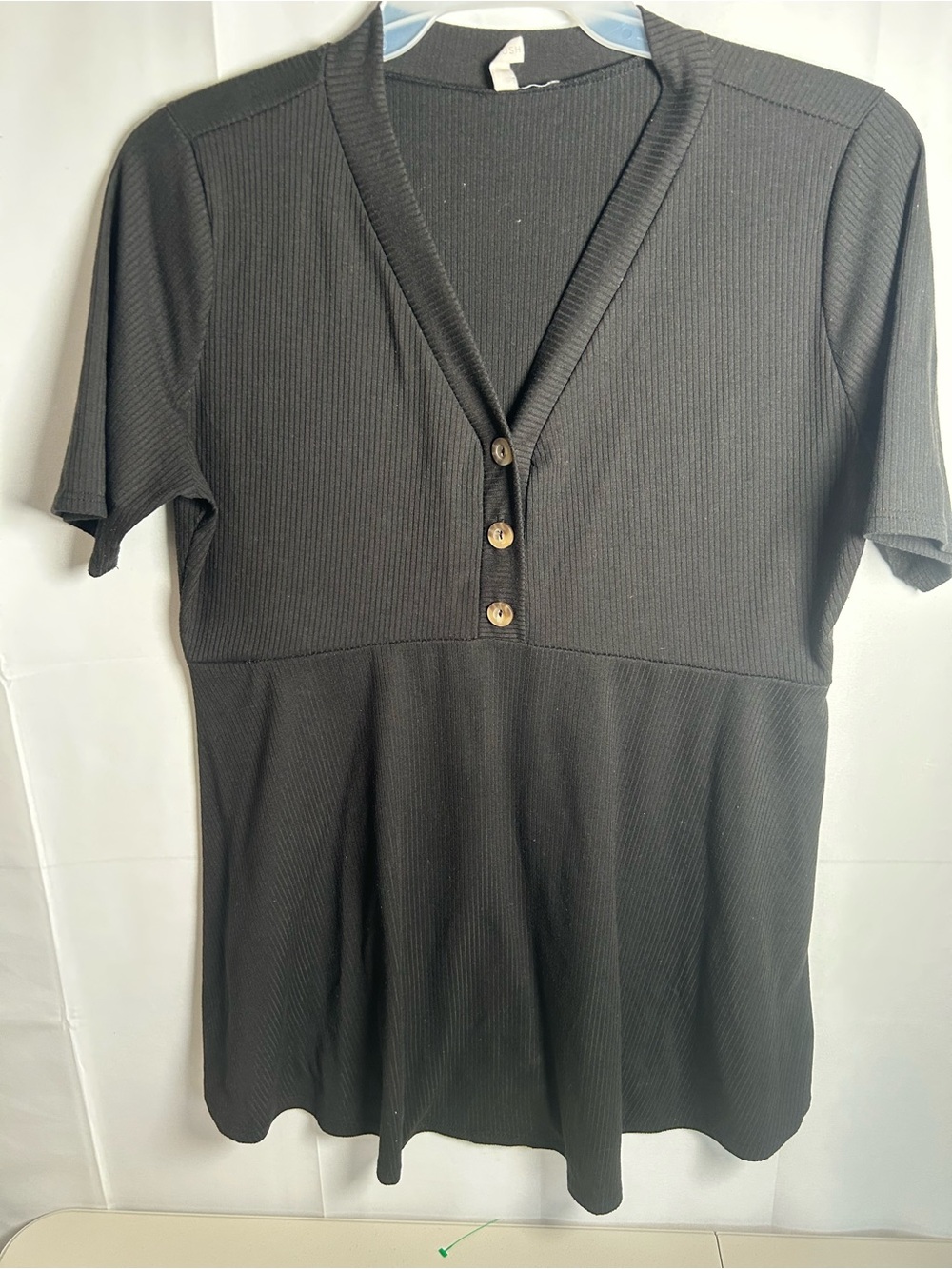 Pinkblush Black Ribbed V-Neck Short Sleeve Top with Button Detail & Elongated L